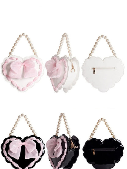 Two with Adjustable Handle Lolita Bag Strap Available Pearl Colors Bow Detail Heart-Shaped