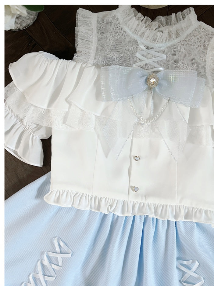 Illusion Skirt Shoulder Blue Criss-cross Open White Design Top+ Neckline Kei Set Jirai