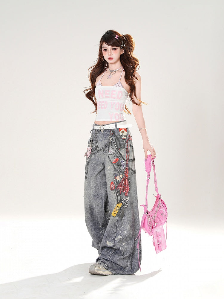 Blue Low Print Wide-leg Jeans Waist Spray Paint Chains