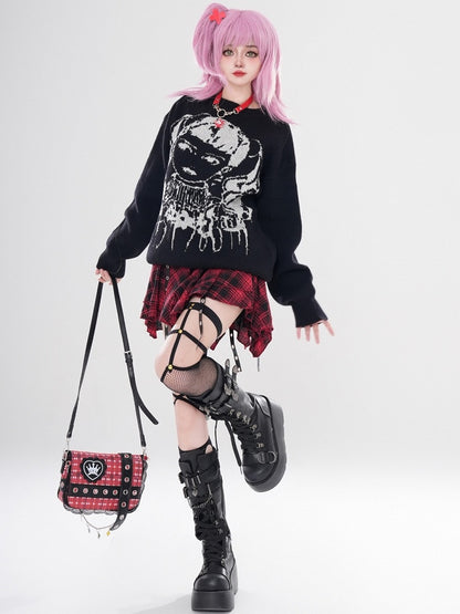 Wine Red/Black Y2K Girl Pattern Sweater with Free Choker