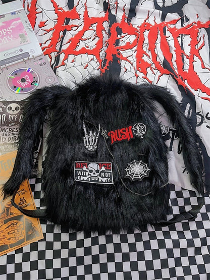 Black Skeleton Applique Punk Shaggy Backpack