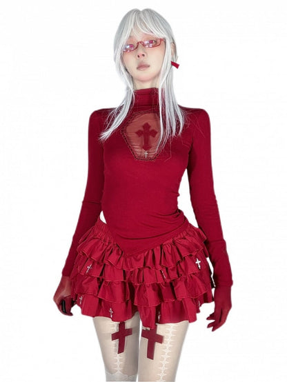 Gothic Red Coffin Cutout Cross Detail Modal High Neck Top Asymmetrical Hem