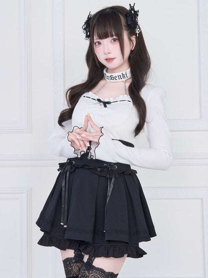 Jirai Shorts Style Kei Waist Lace-Up Skirt Cross High Lining with Decor Black
