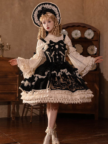 Decoration Dress JSK Velvet Candle Embroidery Lolita / Bows Black