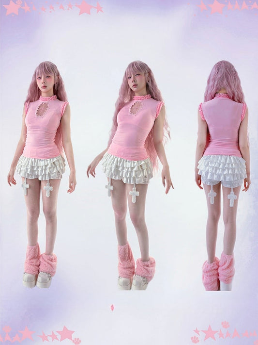 Goth Pink Mock Neck Coffin-Shaped Cutout  Pastel Light Sleeveless Top