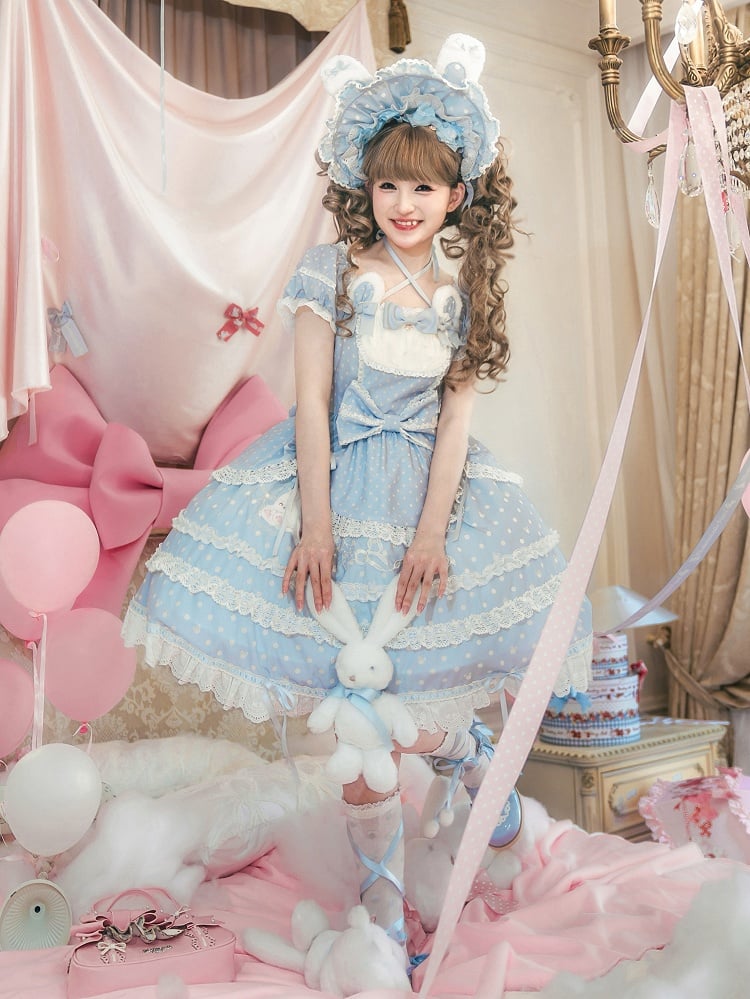 Bunny Square Dots Pattern Ears Lolita Polka Blue Plush Neckline Sweet Dress