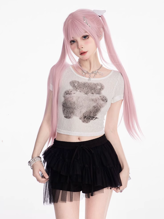 White Round Neck Graffiti Bear Print Slim-fitting Cropped T-shirt