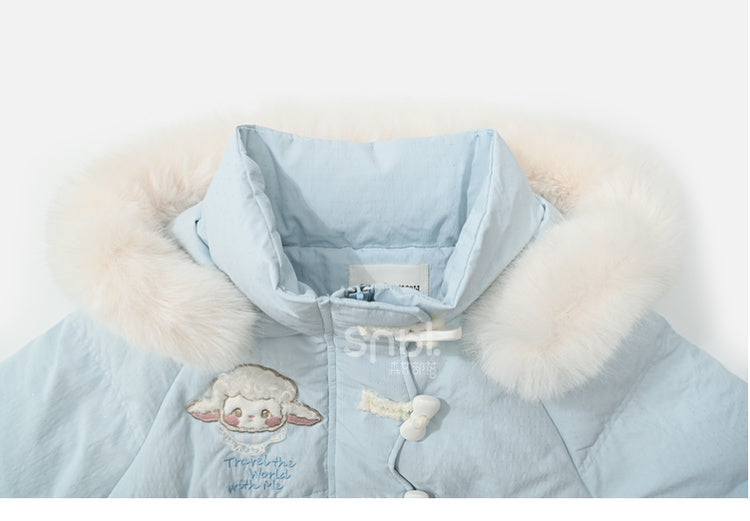 Blue Cute Lamb Applique Bowknot Details Hooded Down Coat Long Version