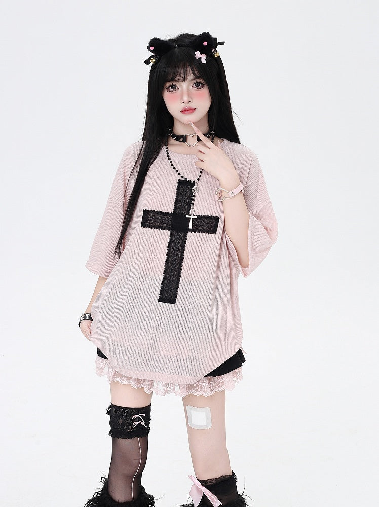 Light T-Shirt Cross Applique Loose Pink/Light Blue/Black