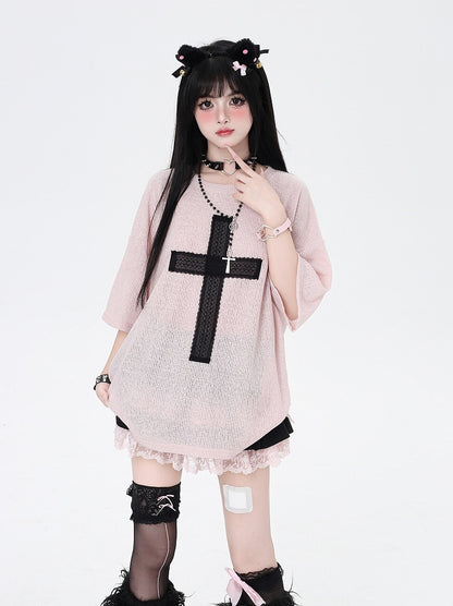 Light T-Shirt Cross Applique Loose Pink/Light Blue/Black