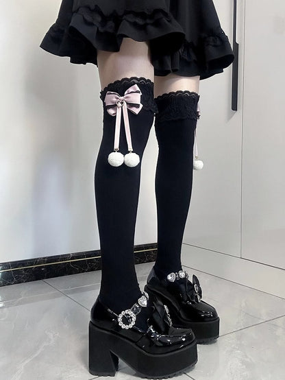 Jirai Kei Pompom Details Lace Cuffs Bowknots Overknee Stockings