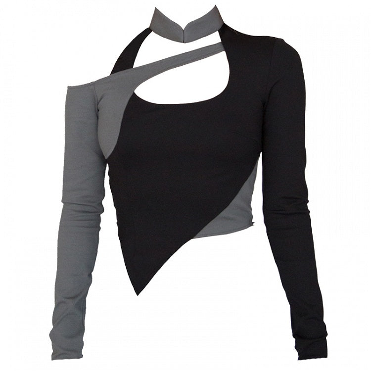 Cyberpunk Black & Grey Banded Collar Cutout Detail  Asymmetrical Hem Glamorous Top