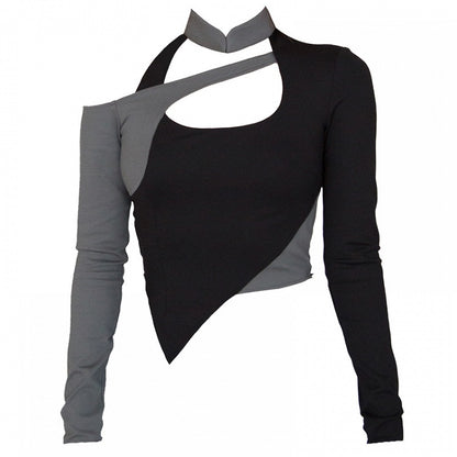 Cyberpunk Black & Grey Banded Collar Cutout Detail  Asymmetrical Hem Glamorous Top