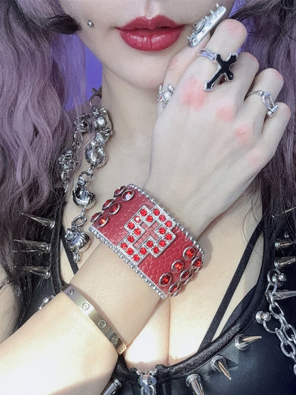 Rot/Schwarz/Silber Armband Y2K Strass Armband verziert Kreuz Design