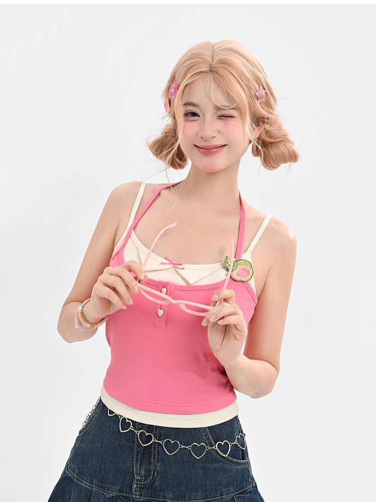 Pink Guava Applique Self-tie Halter Neck Top Faux Two-pieces