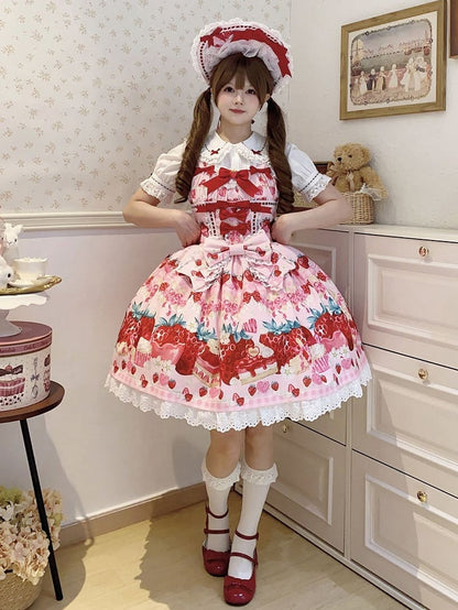 Print Strawberry Dress Pink Dessert and Lolita Sweet