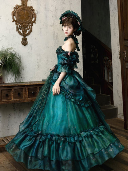 Jupe asymétrique style Lolita fée de la forêt verte, peinture à l'huile, avec pince à cheveux florale
