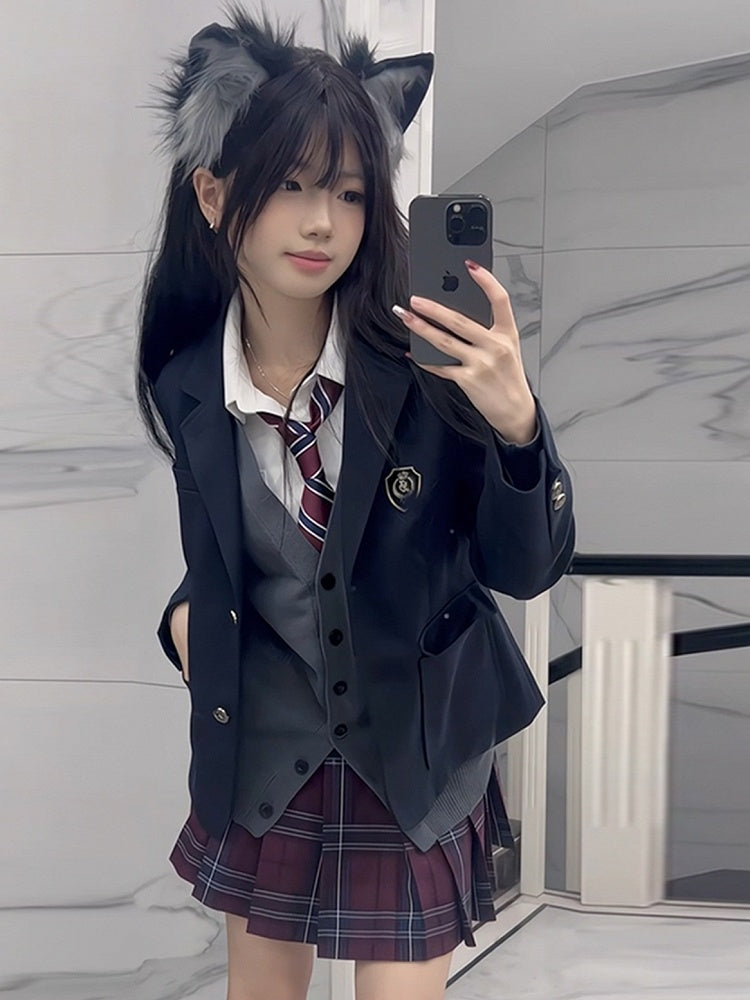 Blazer Button Preppy JK Cuffs Decorated Blue Style Badge Uniform Dark Design