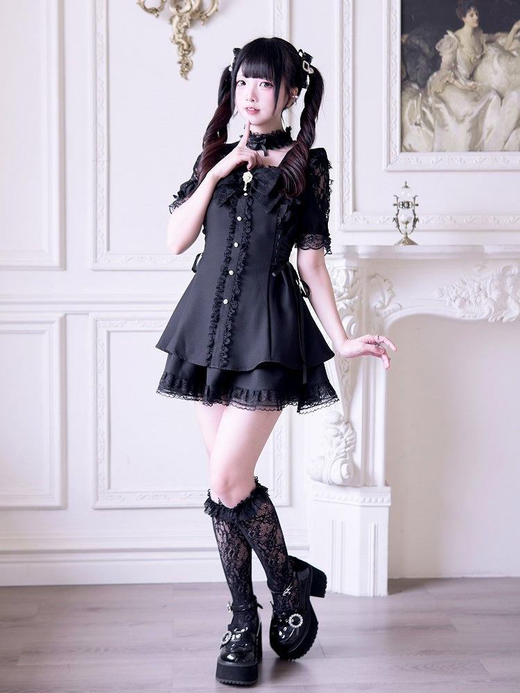 Jirai Kei Black Set: Cutout Shoulder Mini Dress with Lace-up Side Details and Skirt