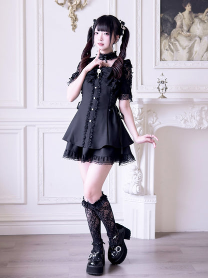 Jirai Kei Black Set: Cutout Shoulder Mini Dress with Lace-up Side Details and Skirt