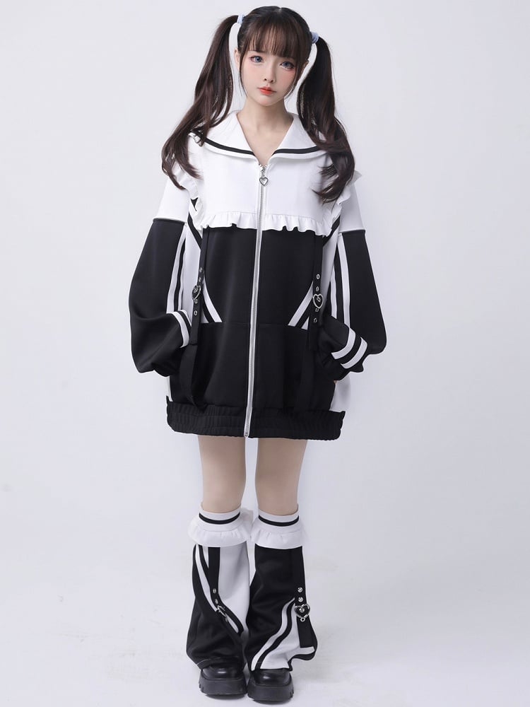 Sailor Zip WhiteBlack Collar Jacket Jirai Sweatshrit Closure Kei
