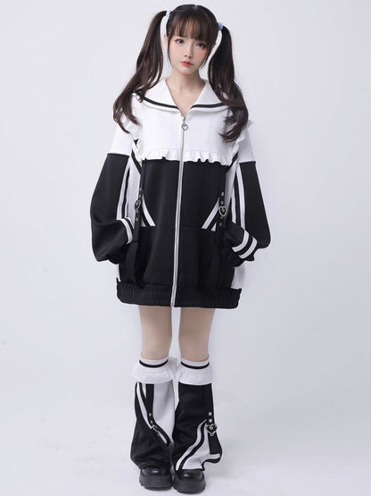 Sailor Zip WhiteBlack Collar Jacket Jirai Sweatshrit Closure Kei