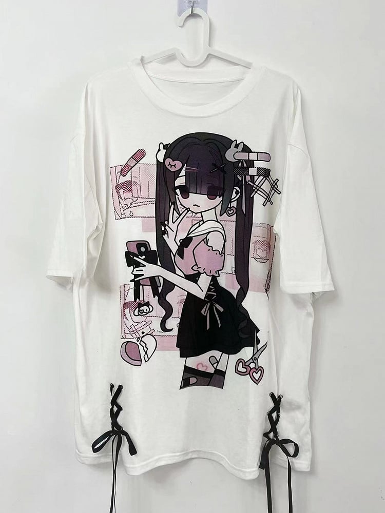 Jirai Kei Lace-up Print T-shirt Cartoon White Details