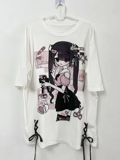 Jirai Kei Lace-up Print T-shirt Cartoon White Details