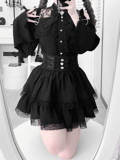 Offenes Jirai Kei Bell Shoulders Black Set: mit Top Three-Piece Sleeves All