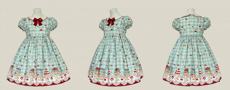 Robe Sweet Lolita vichy taille haute vert menthe à imprimé cerises et desserts