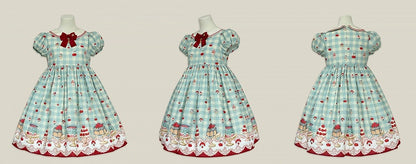 Robe Sweet Lolita vichy taille haute vert menthe à imprimé cerises et desserts
