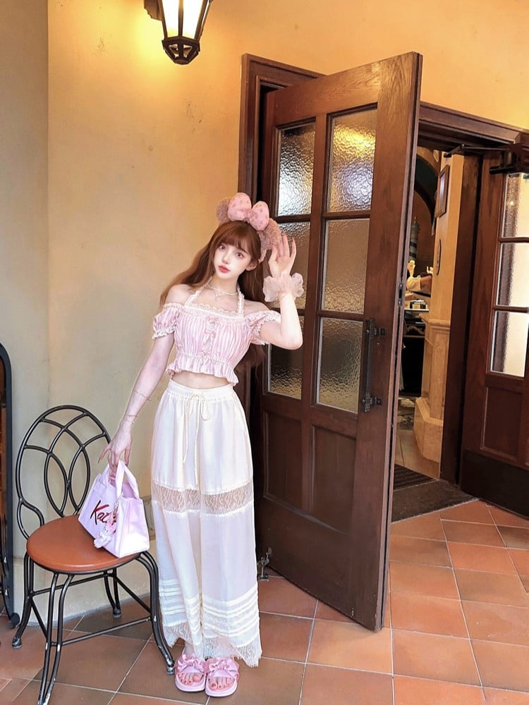 Pink Striped Puff Lace Bow Accents With Halter Top Sleeves Crop