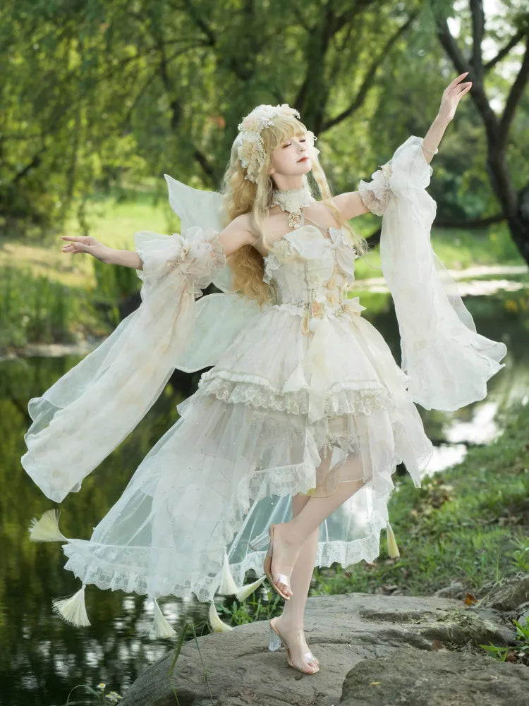 Lolita Fairycore Dress JSK Beige Full Design Princess and Set Butterfly Floral
