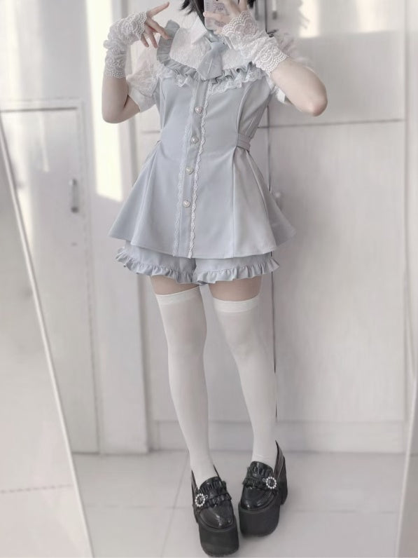 Buttons Hem Shorts+Tie Full Trim Light Kei Jirai Set-Lace Blue Blouse+Ruffled Heart