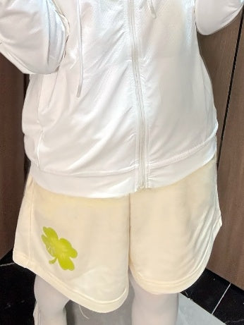 Lucky Four-Leaf Clover Print Beige Loose Shorts