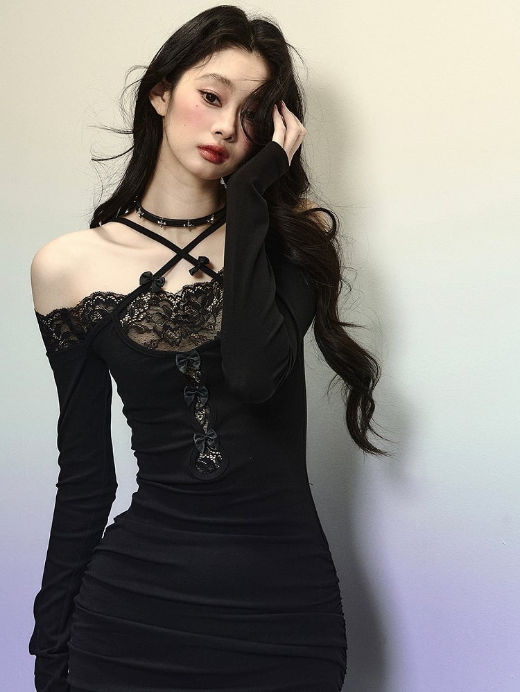 Robe longue sirène en dentelle noire patchwork, bretelles croisées, dos nu, robe de soirée