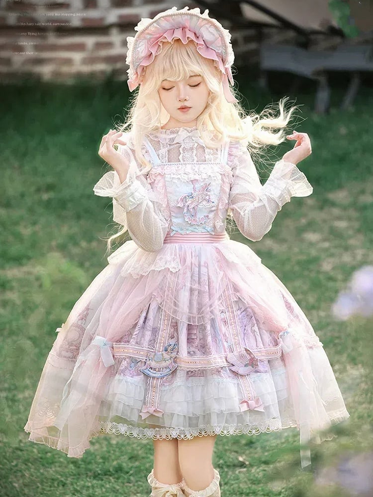 Pink and Blue Curtain Tulle Overlay Flying Horse Skirt Lolita Jumper Skirt