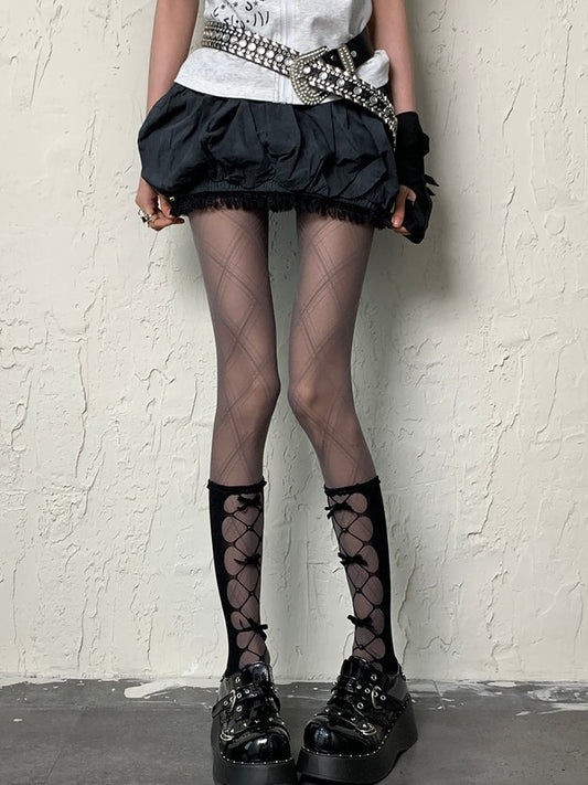 Stockings Cut-out Bowknot Y2K Underknee Design Details Black