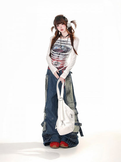 Black/White Round Neck Punk Glamorous Graphic Top