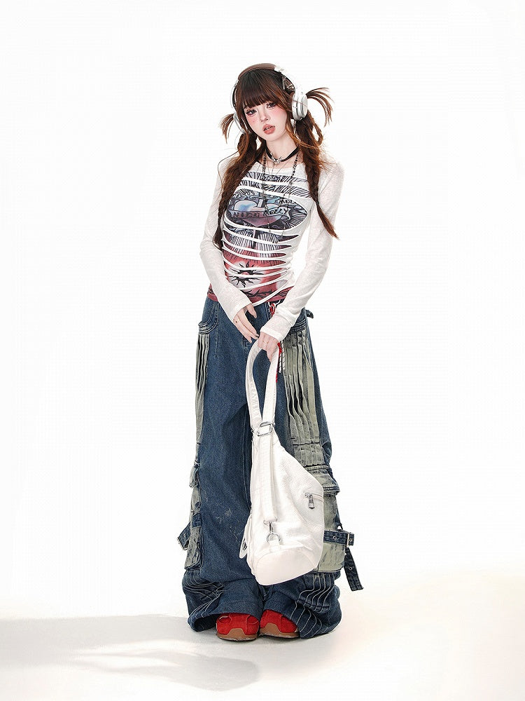 Loose Faded Pockets Wash Cargo Wide-Leg Jeans Blue