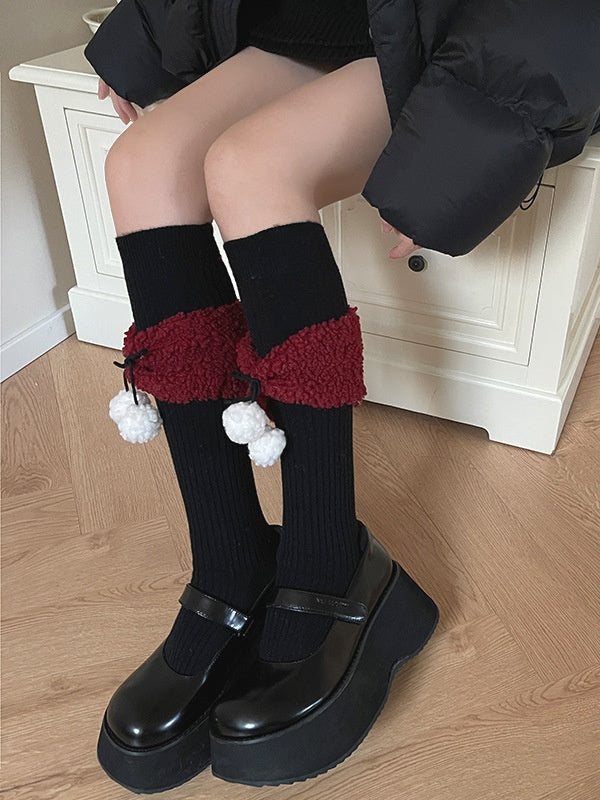 White Black Sweet Bowknot Stockings With Pompons