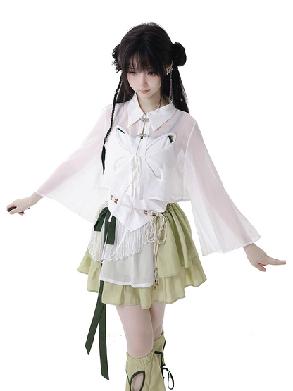 Buttons Style Shirt Cheongsam Butterfly-shaped Cutout White Sheer Chiffon Knot Short Version