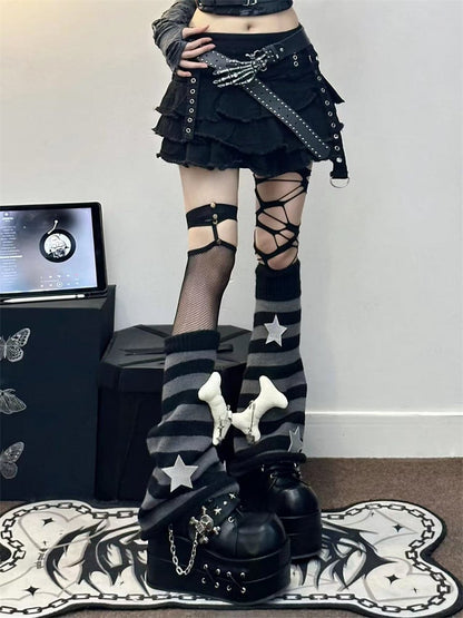 Punk Leg Striped Warmers Grey Black Knit