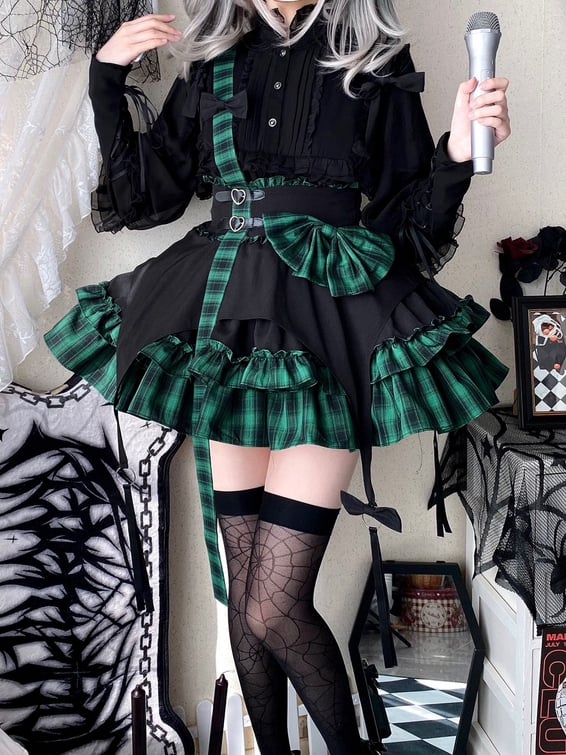 Black and Green Plaid Pattern Punk Idol Skirt with Straps