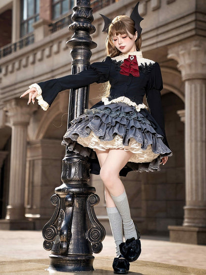 Gothic Lolita Full Set - Black Swallow Tail Long Sleeves Top + Gray Tiered Skirt + Red Jabot Brooch
