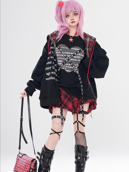 Y2K Black/Grey Letters Loose Zip Hoodie