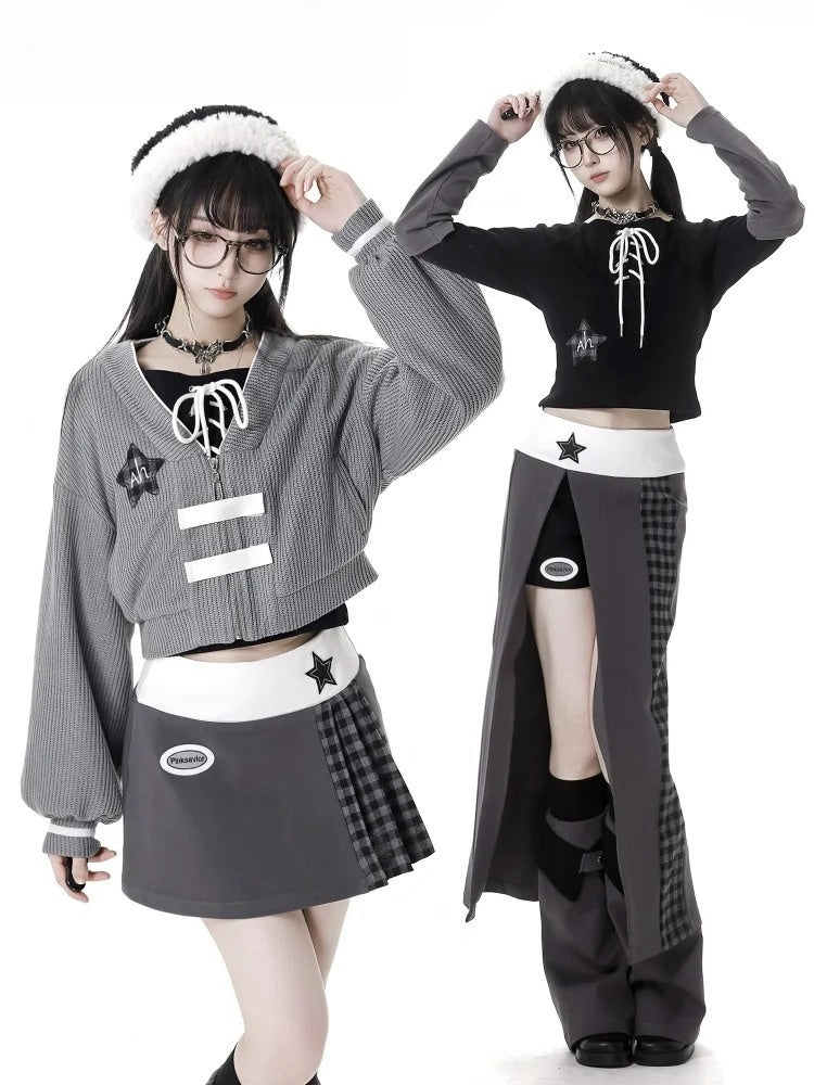 Grey Star Decorated Zip Closure Knitted Cardigan