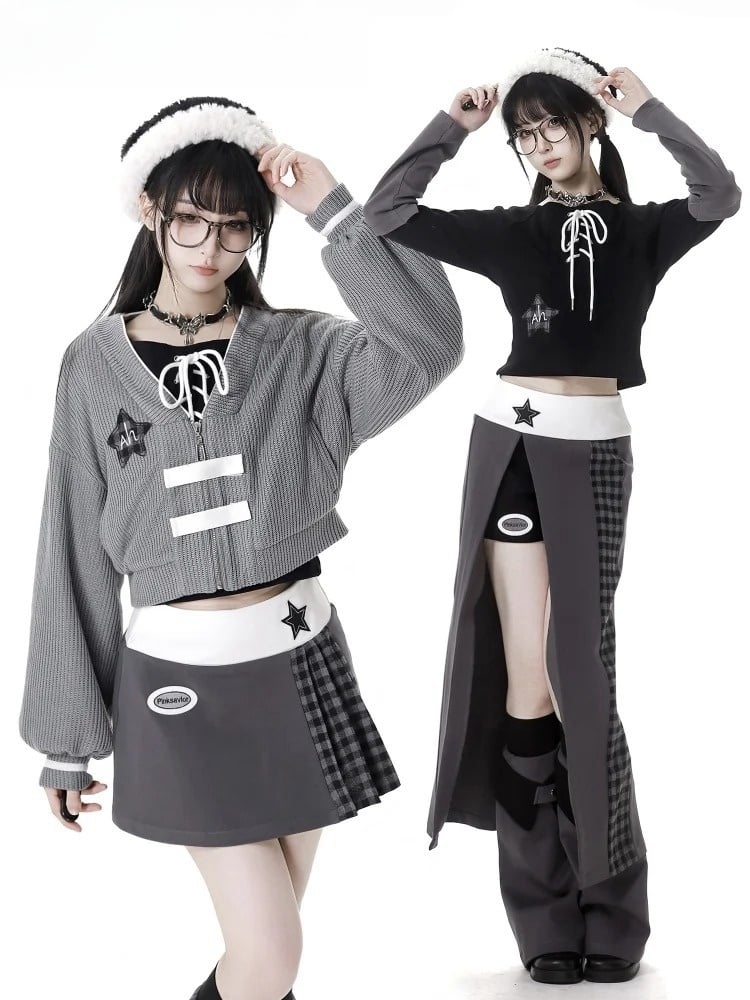 グレーパープルのスターアップリケ付き太もも丈スリット入りチェック柄ロングスカート