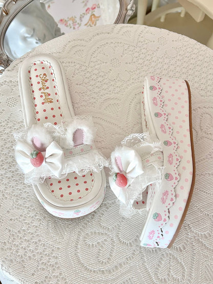 Trim Bow Platform Lolita Lace Accents Sweet White Ear Bunny Slippers Plush