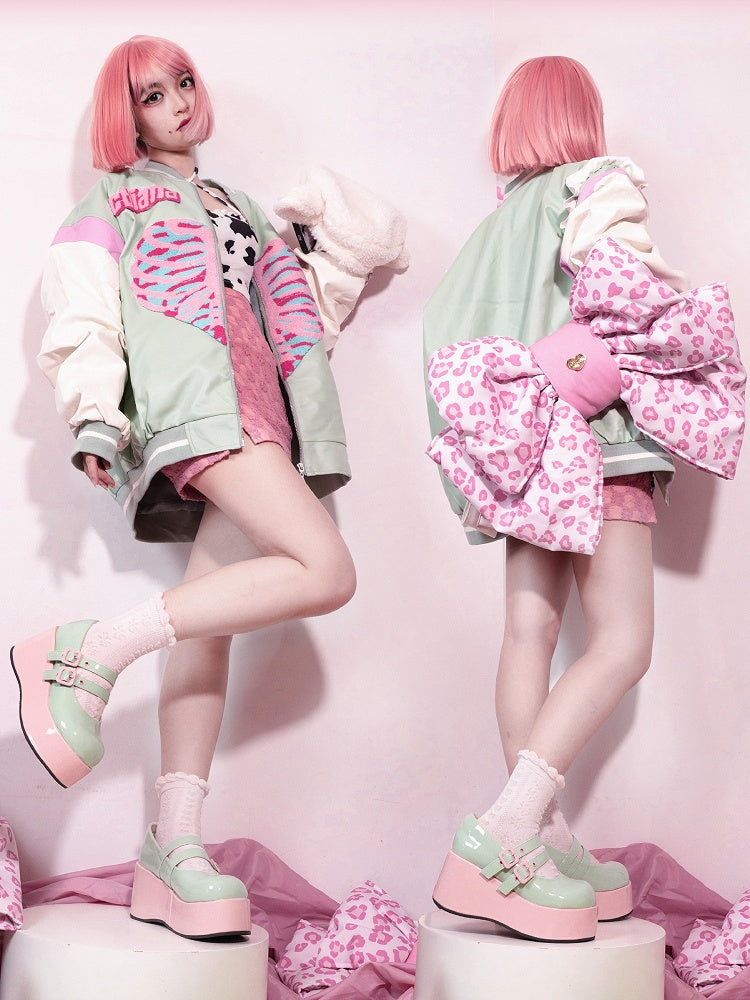 Leather PU Buckles Sweet Pink Lolita Green Sole Platforms with Wedge